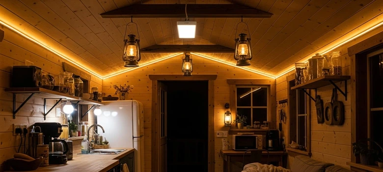 Kuchyň v chatě osvětlená svíčkami a LED pásky bez elektřiny.
