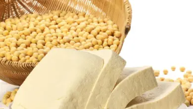 Kusky tofu před košem plným žlutých sójových bobů na bílém pozadí.