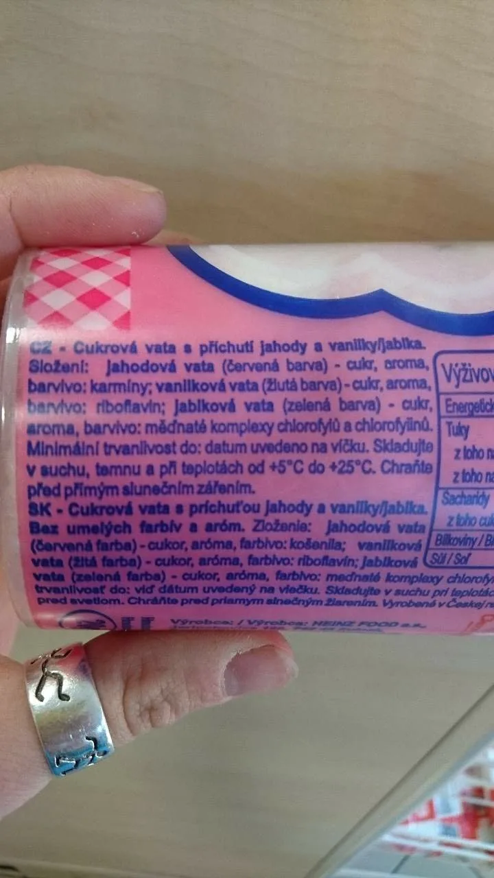 Etiketa cukrové vaty se složením a výživovými hodnotami