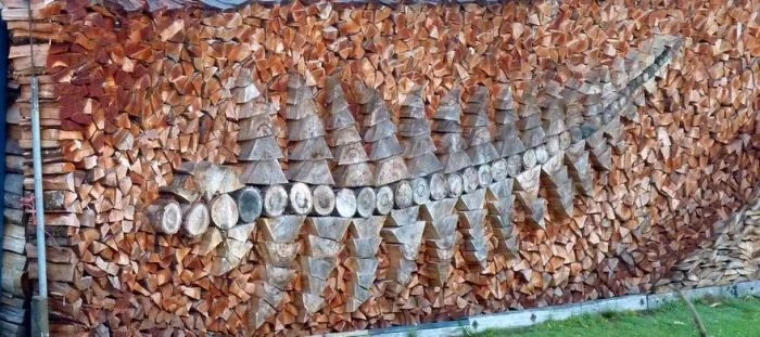 Nápaditě uspořené dřevo na ohřívací účely s rybou vytesanou z polen.