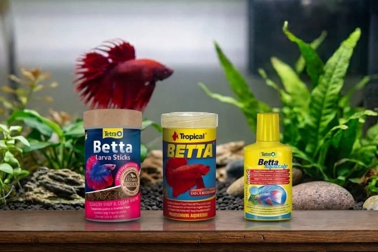 Tři produkty pro krmení boje v akváriu s rostlinami.