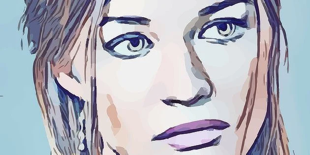 Stylová ilustrace ženské tváře s výrazným pohledem.