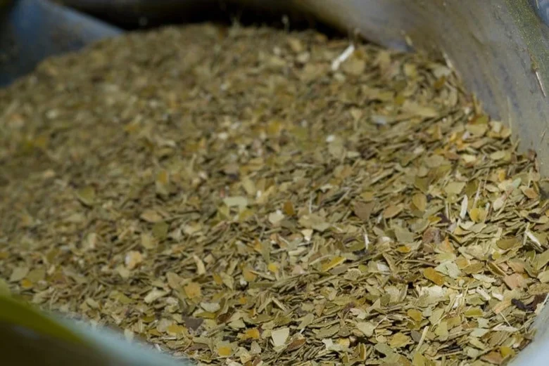 Suchá listová hmota yerbamate v nádobě.