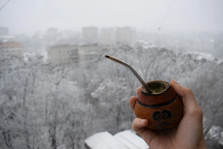 Ruka drží dýňový hrnek s yerbou maté na pozadí sněhu.